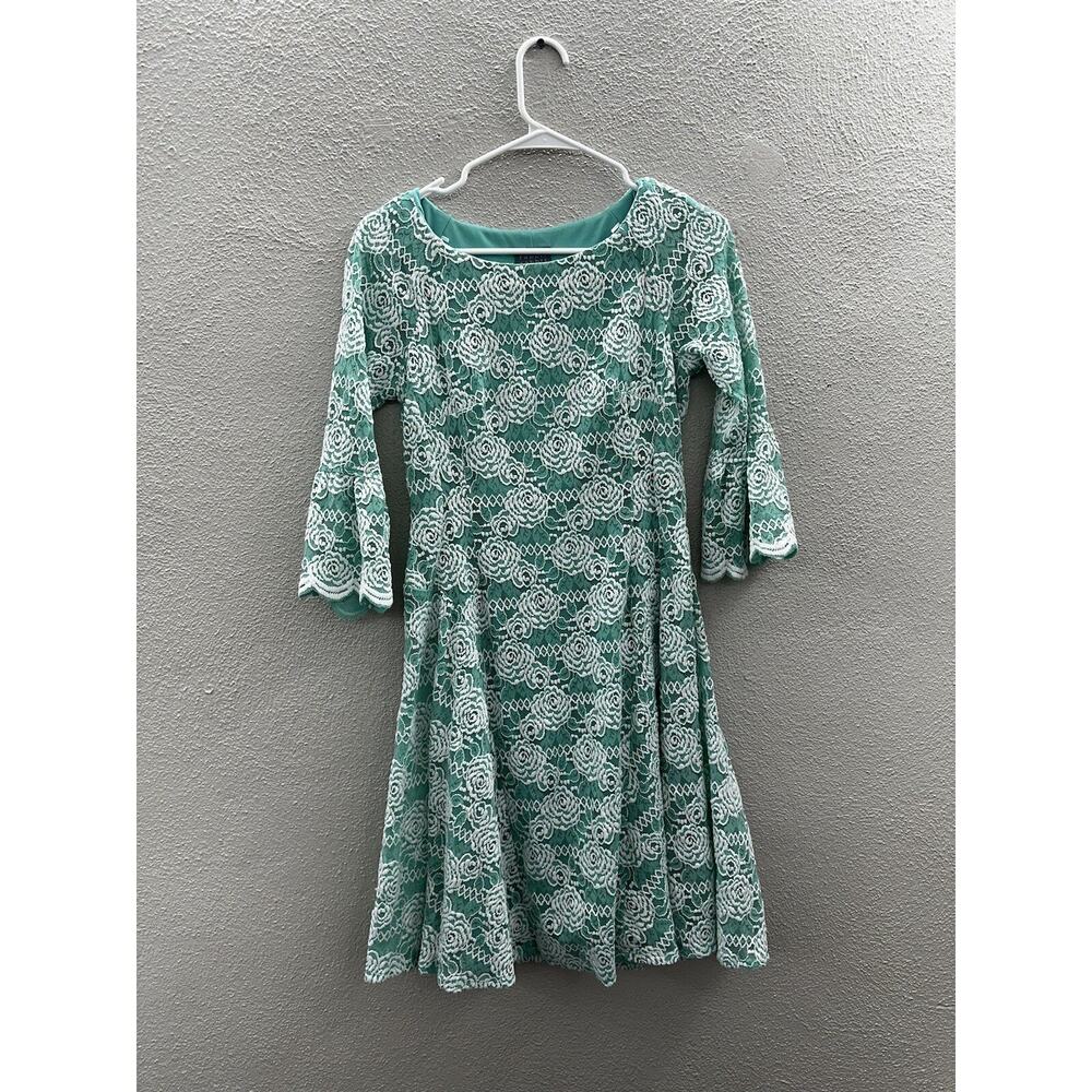 Rabbit Rabbit Rabbit Designs Womens Dress Size 4 Teal White Lace 3/4 Bell Sleeve